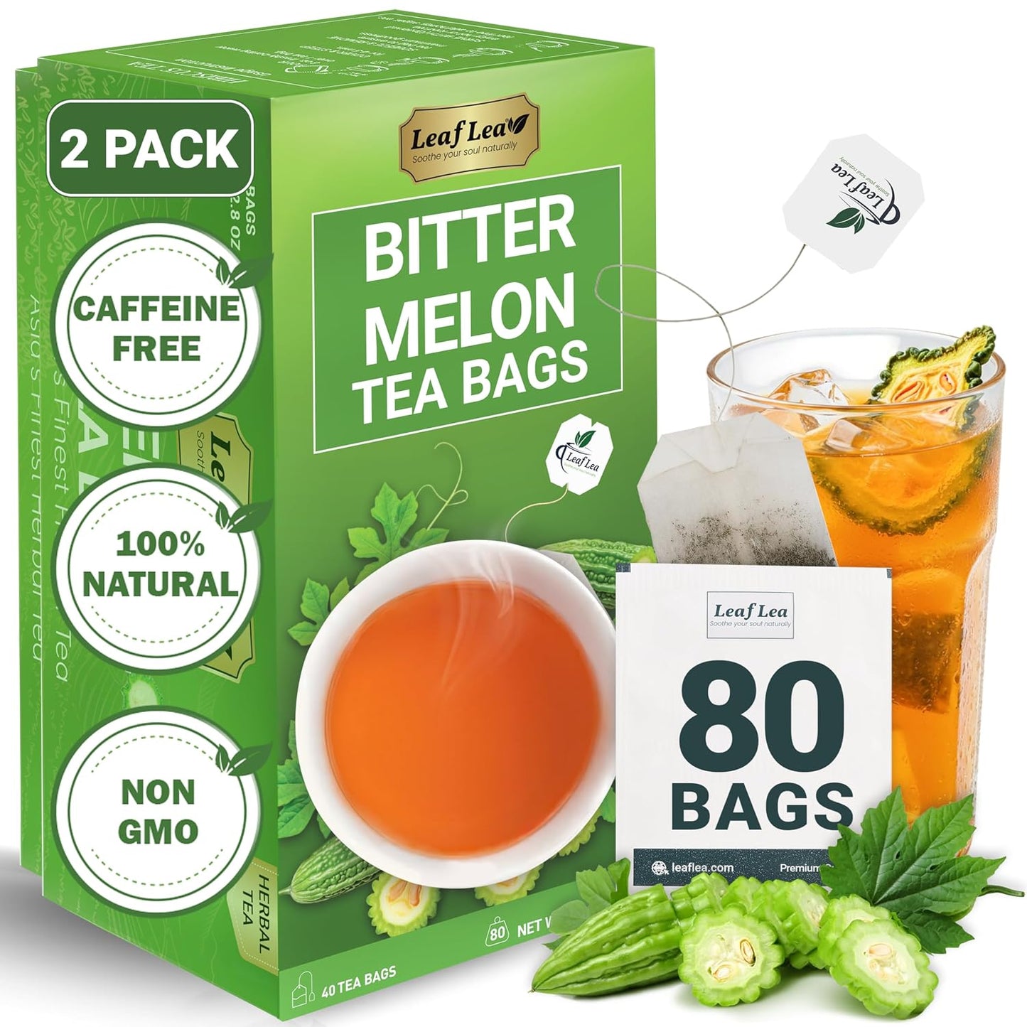 LeafLea Bitter Melon Tea Bags, Ampalaya Bitter Gourd Tea, 80 Count