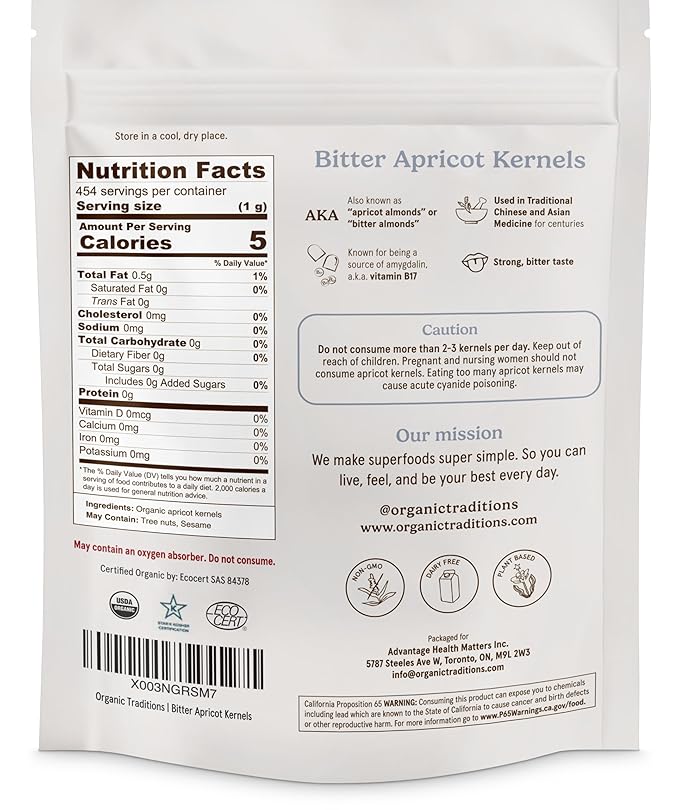 Organic Traditions Sundried Apricot Kernels – Sweet & Bitter Raw Seeds, 16oz