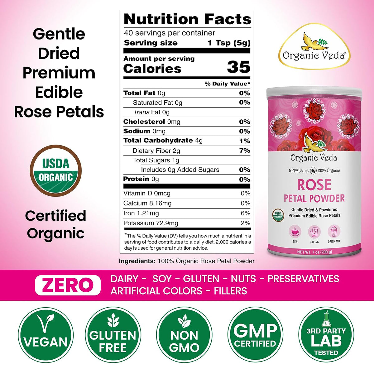 Organic Veda Rose Petals Powder - USDA Organic Edible Dried Rose Petals for Tea, Baking, Drink Mix, DIY Beauty Skin Care, Hair &amp; Face Mask - 100% Pure Rose Powder for Culinary &amp; Aromatherapy, 7 oz