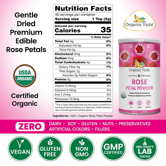 Organic Veda Rose Petals Powder - USDA Organic Edible Dried Rose Petals for Tea, Baking, Drink Mix, DIY Beauty Skin Care, Hair &amp; Face Mask - 100% Pure Rose Powder for Culinary &amp; Aromatherapy, 7 oz