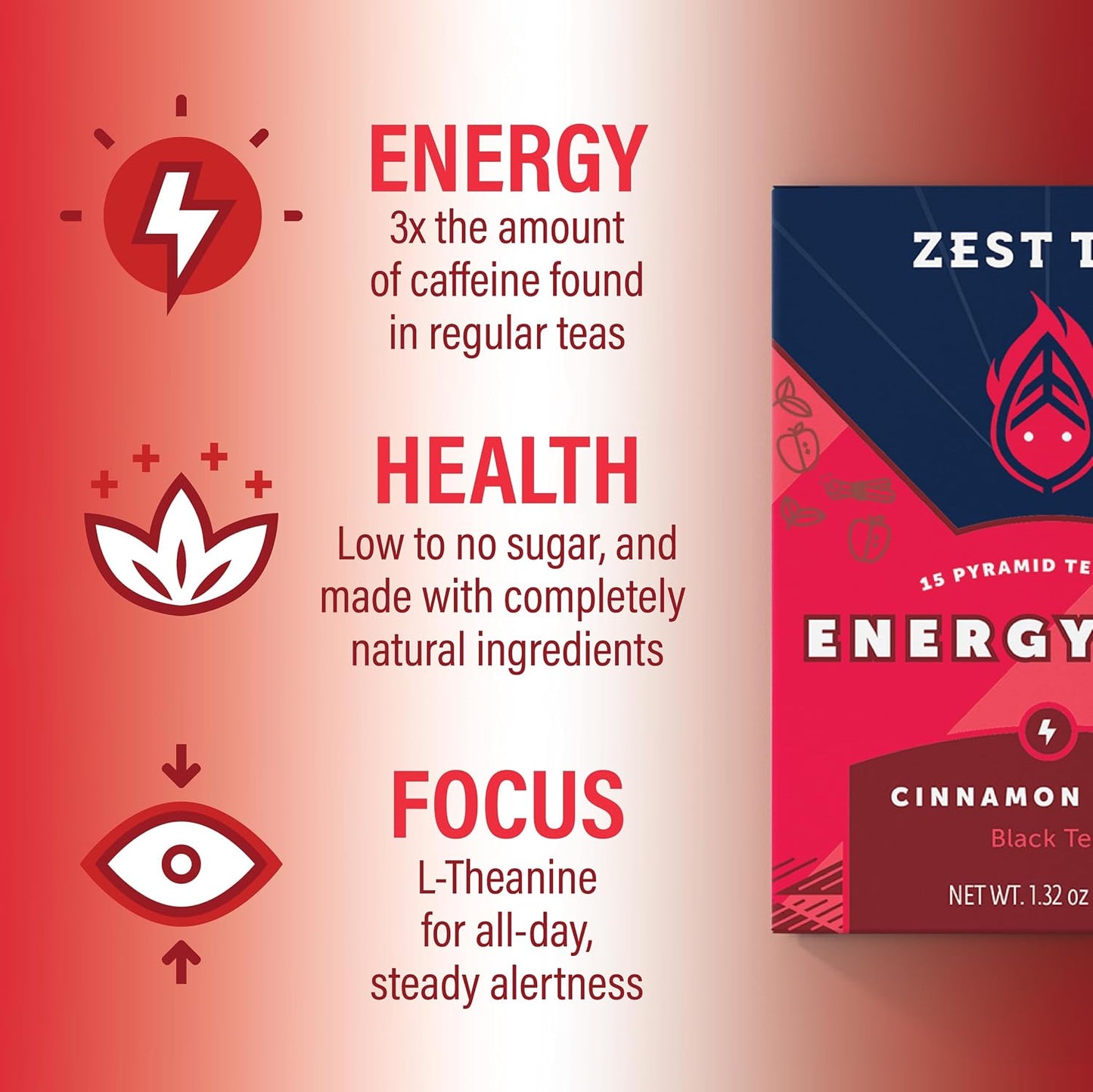 Zest Cinnamon Apple Spice Energy Tea – High Caffeine Black Tea Bags for Focus, Clarity &amp; Morning Energy – Natural Non-GMO Caffeinated Breakfast Tea – Cozy Fall Focus Tea with 150mg Caf – 15Ct Box