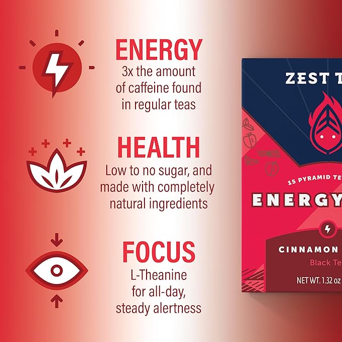 Zest Cinnamon Apple Spice Energy Tea – High Caffeine Black Tea Bags for Focus, Clarity & Morning Energy – Natural Non-GMO Caffeinated Breakfast Tea – Cozy Fall Focus Tea with 150mg Caf – 15Ct Box