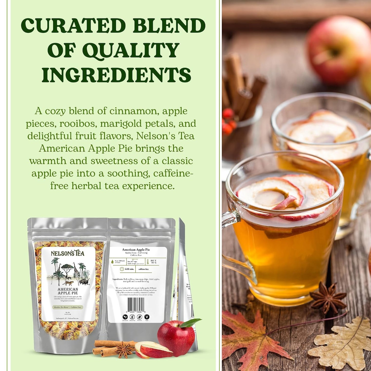 Nelson's Tea American Apple Pie Rooibos Cinnamon Blend Loose Leaf Tea, 2 oz | Marigold Herbal • Caffeine Free • Tea • Loose Leaf Tea • Apple Pie • Rooibos • American Apple Pie Rooibos Cinnamon Blend