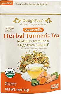 DelighTeas Organic Turmeric Ginger Tea | Ayurvedic Loose Leaf Herbal Turmeric Tea for Mobility, Immune & Digestive Support | Non-GMO, Caffeine Free, Unsweetened | 50 Servings, 4oz.