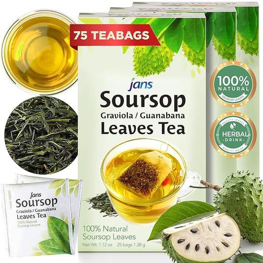Soursop Tea (75 Tea Bags, Box of 3 x 25 each) by Jans | 100% All Natural Graviola/Guanabana Leaves Cholesterol-Free, Sugar-Free, Sodium-Free | Best Served Warm | Gental Herbal Aroma