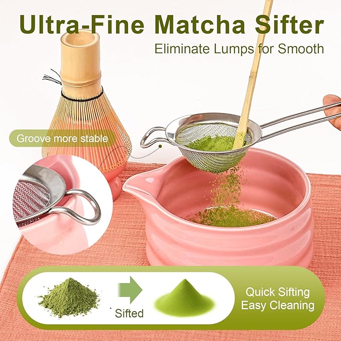 Artisan Ceramic Matcha Set, 7Pcs Japanese Matcha Whisk Kit with Playful Pink Glaze Bowl, Bamboo Chasen & Sifter - Elegant Tea Ceremony Gifts for Women, Premium Home Essentials (Pink)
