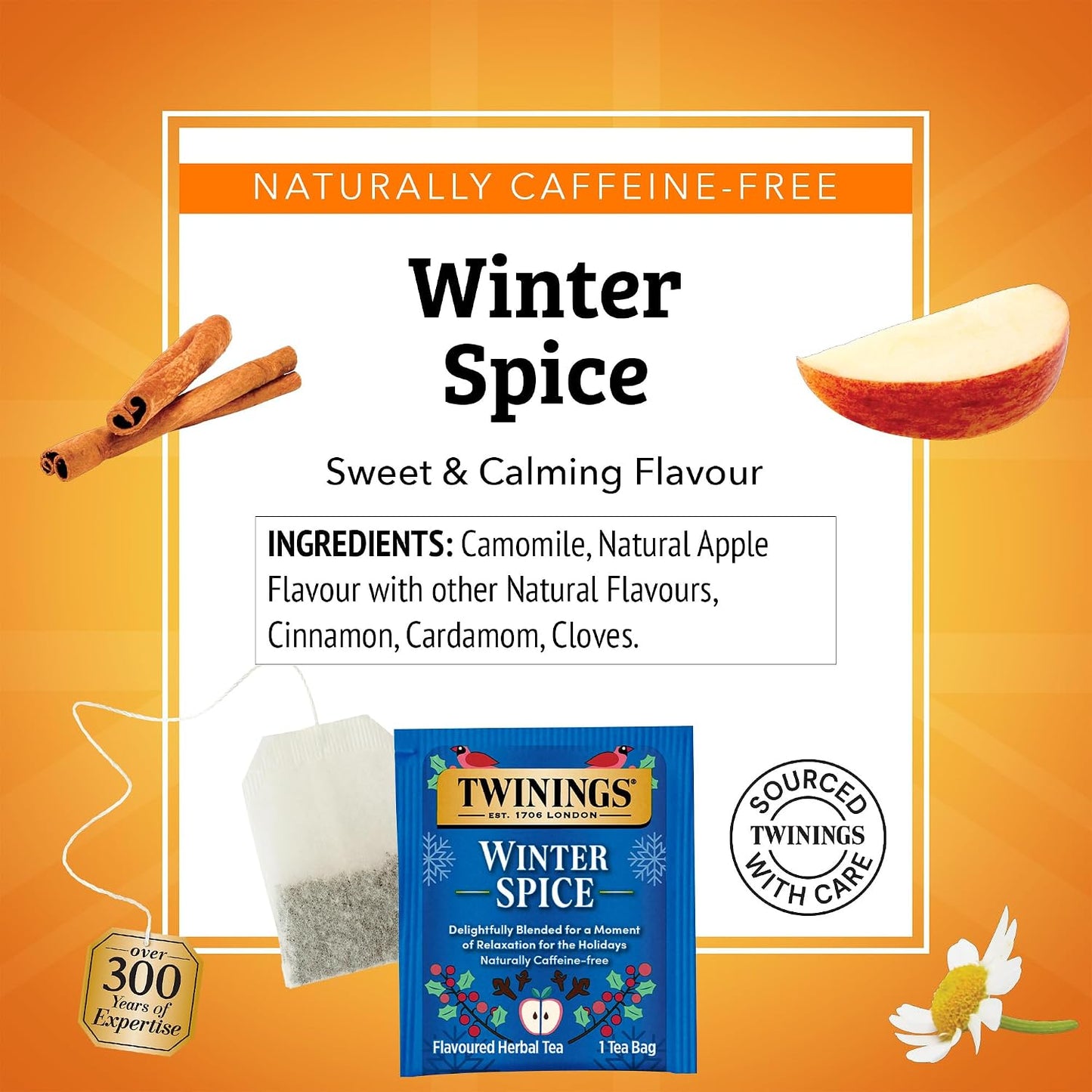Twinings Winter Spice Camomile Apple Spiced Herbal Tea Bags, 20 CT (6 Pack) | Holiday Seasonal Tea, Camomile, Apple, Cinnamon, &amp; Clove, Naturally Caffeine-Free, 120 Foil Lined Individually Wrapped Bags