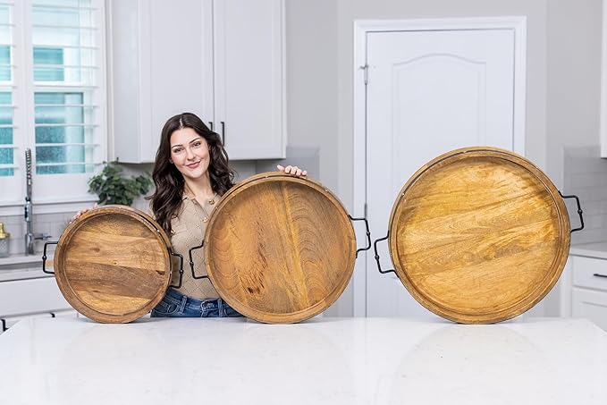 20" Extra Large Round Ottoman Tray, Heavy Duty Mango Wood, for Serving Tea, Breakfast in Bed