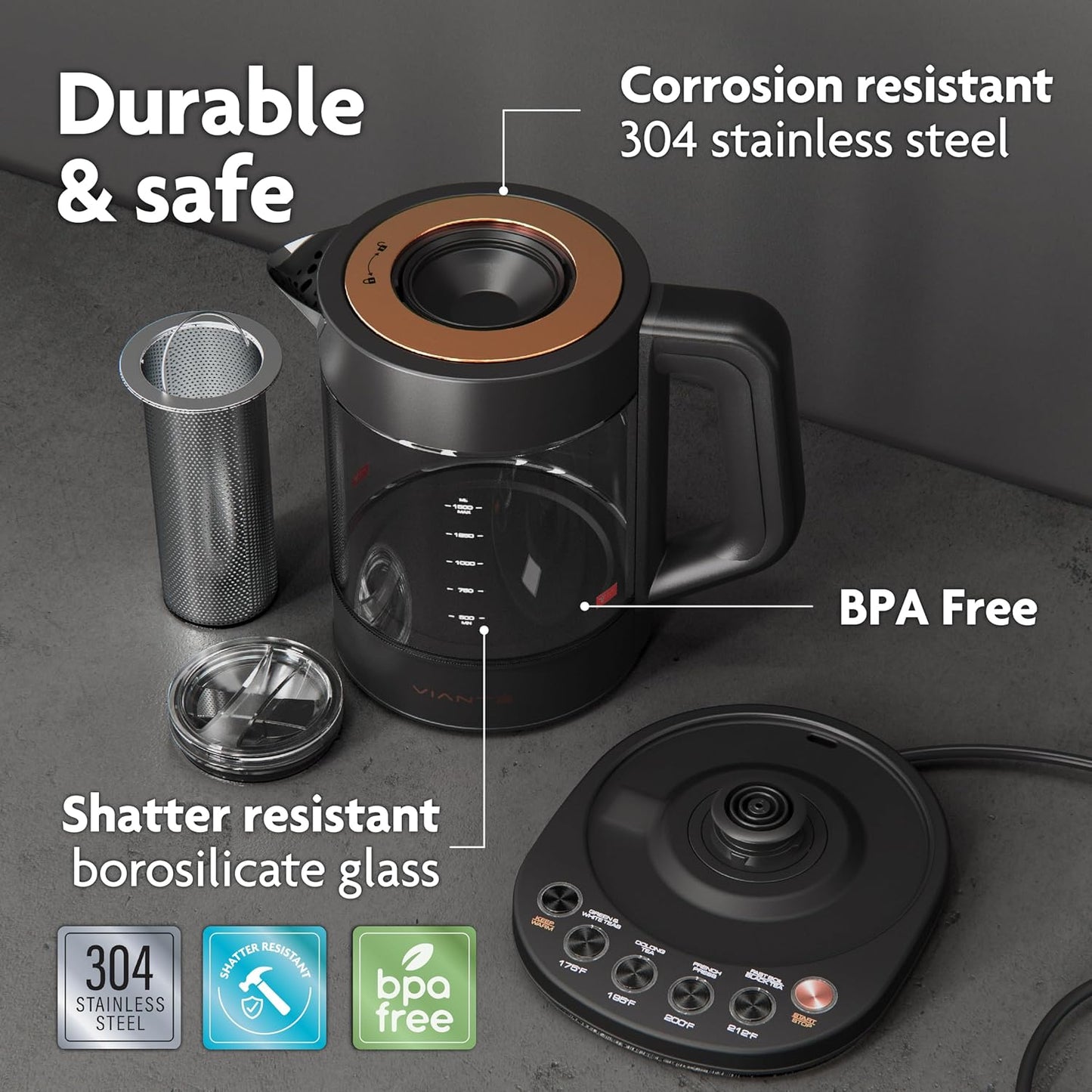 Viante Alba Electric Tea Kettle With Infuser, No Plastic, 1.5L, Black | Borosilicate glass &amp; 304 stainless steel construction. 4 temp presets, keep-warm, cordless, auto shut-off