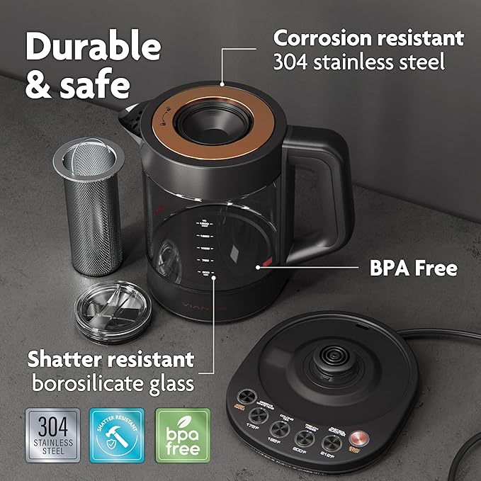 Vianté Electric Kettle With Infuser For Loose Leaf. Hot Tea Maker With Temperature Control And Automatic Shut Off. Tea Kettle With Brewing Programs