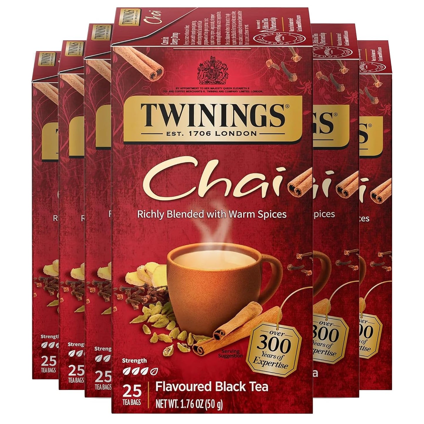Twinings Chai Spiced Black Tea Bags, 25 CT Box (6 Pack) | Sweet &amp; Savoury, With Cinnamon, Ginger, Cardamom &amp; Clove, Naturally Caffeinated, 150 Foil Lined Individually Wrapped Bags