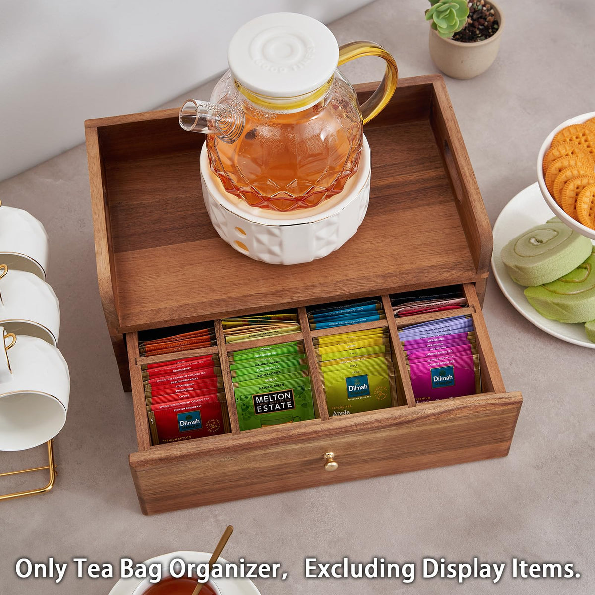 SARUFO Acacia Wood Tea Bag Organizer with Drawer - Tea Station Chest and Storage Box, Coffee and Teabag Holder with 8