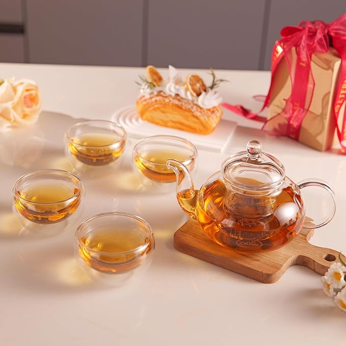 Cnglass Glass Teapot Set,20oz Clear Tea Pot with 4 Double Wall Teacups,Stovetop Safe Tea Kettle,Blooming Loose Leaf Tea Maker Gift