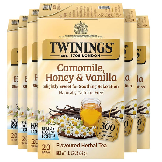 Twinings Camomile, Honey &amp; Vanilla Herbal Tea Bags, 20 CT Box (6 Pack) | Calming for Relaxation, Naturally Caffeine-Free, 120 Foil Lined Individually Wrapped Bags, Enjoy Hot or Iced