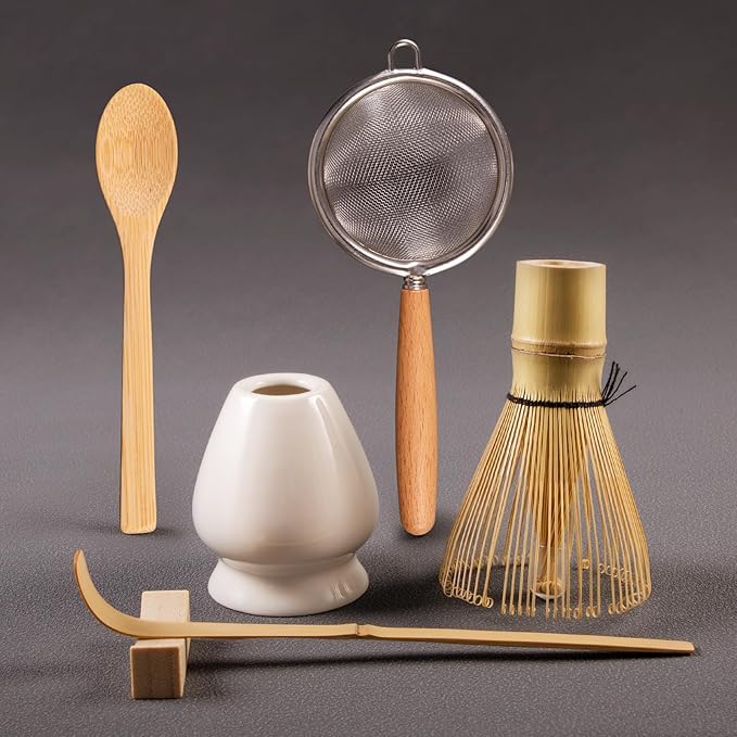 COANTO Matcha Whisk Set - Includes Sifter Bamboo Whisk (Chasen), Tea Spoon, Spoon Holder, Scoop and 