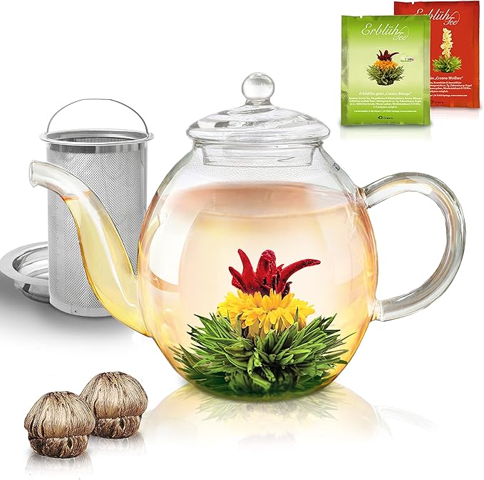 Creano Glass Teapot 34oz (1000ml) with removable stainless steel Tea Infuser - includes 2 Blooming Teas - Giftset - Tea Kettle and Tea Maker