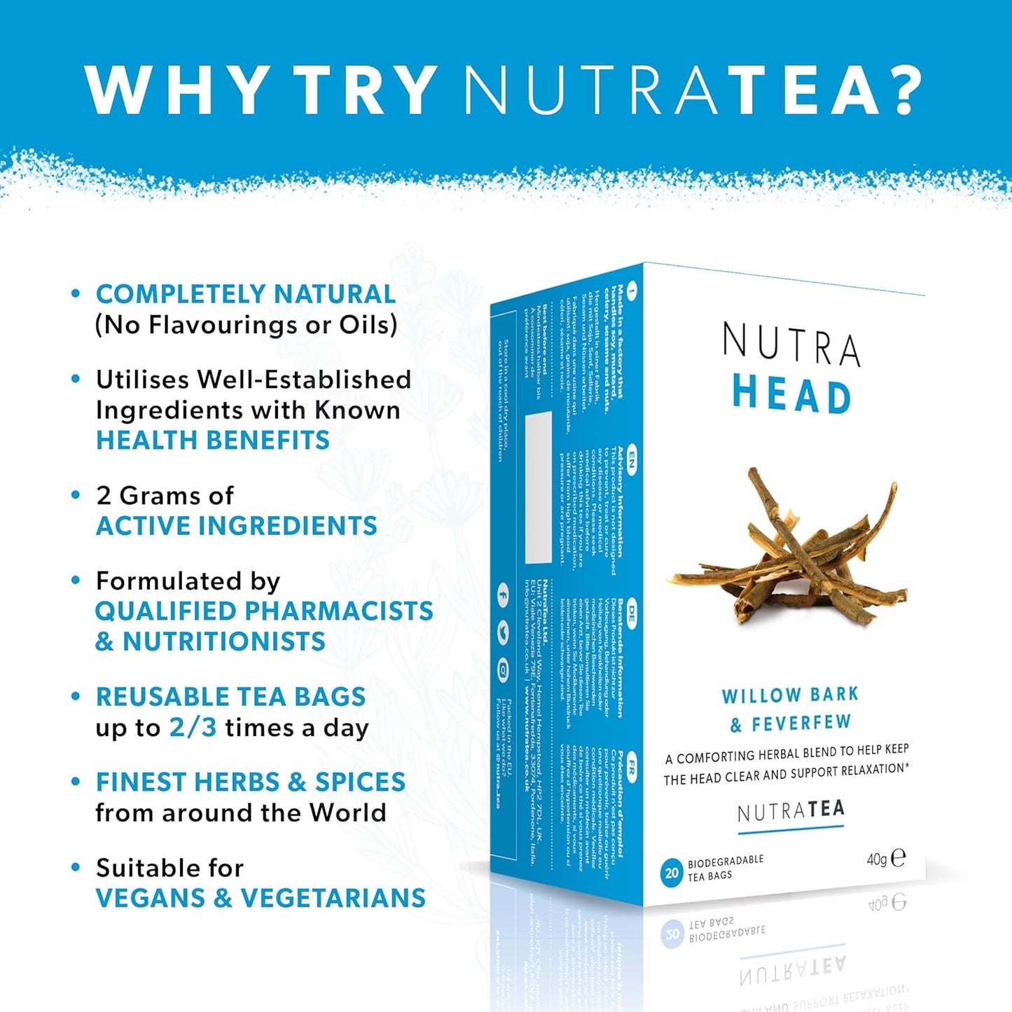 NUTRAHEAD - Migraine Relief Tea | Headache Relief Tea - For Migraine & Tension Headache Relief - Includes Feverfew, Willow Bark & Rhodiola - 20 Enveloped Tea Bags - by Nutra Tea - Herbal Tea
