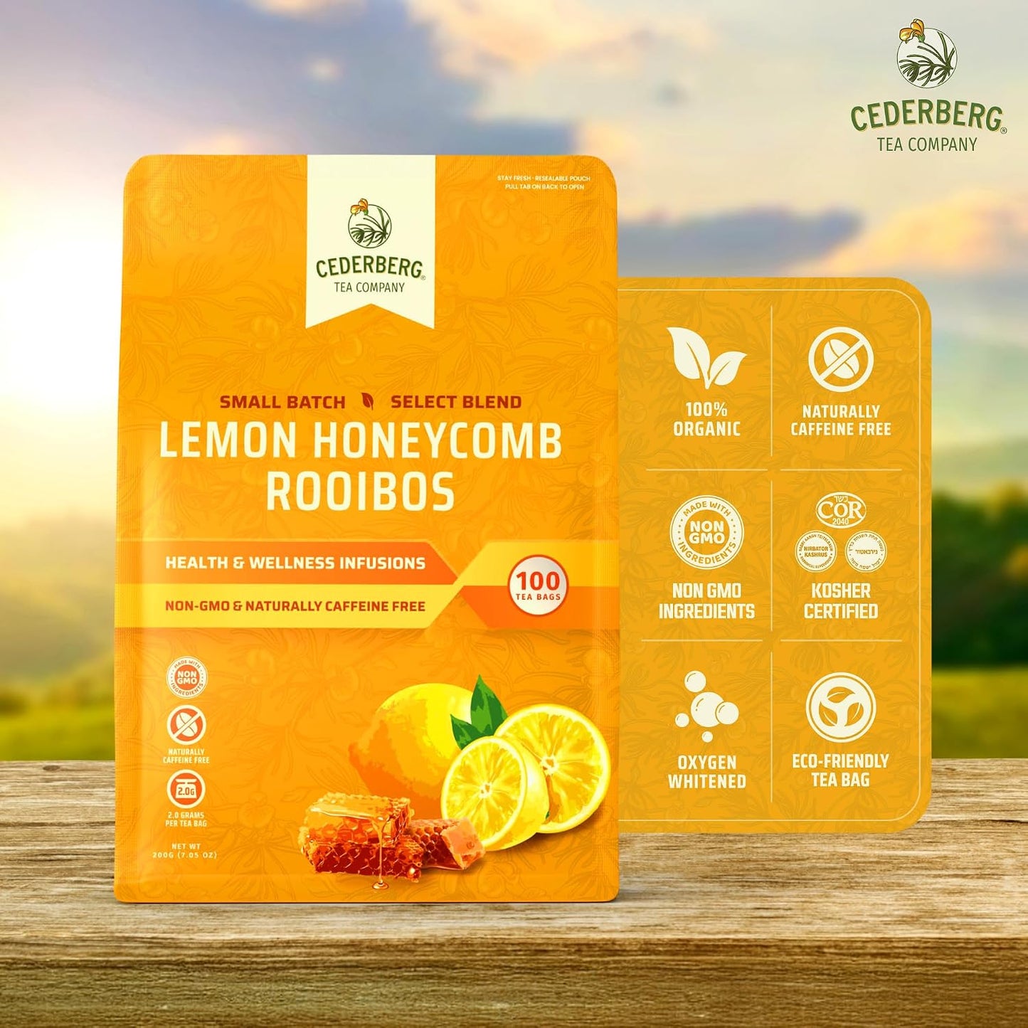Cederberg Tea Company Lemon Honeycomb Rooibos Tea Bags - Made with Organic Red Rooibos Tea, South African Herbal Tea, Naturally Caffeine Free Tea, Small Batch - Select Blend Non-GMO, Premium Leaf, Antioxidant-Rich, 100 Count