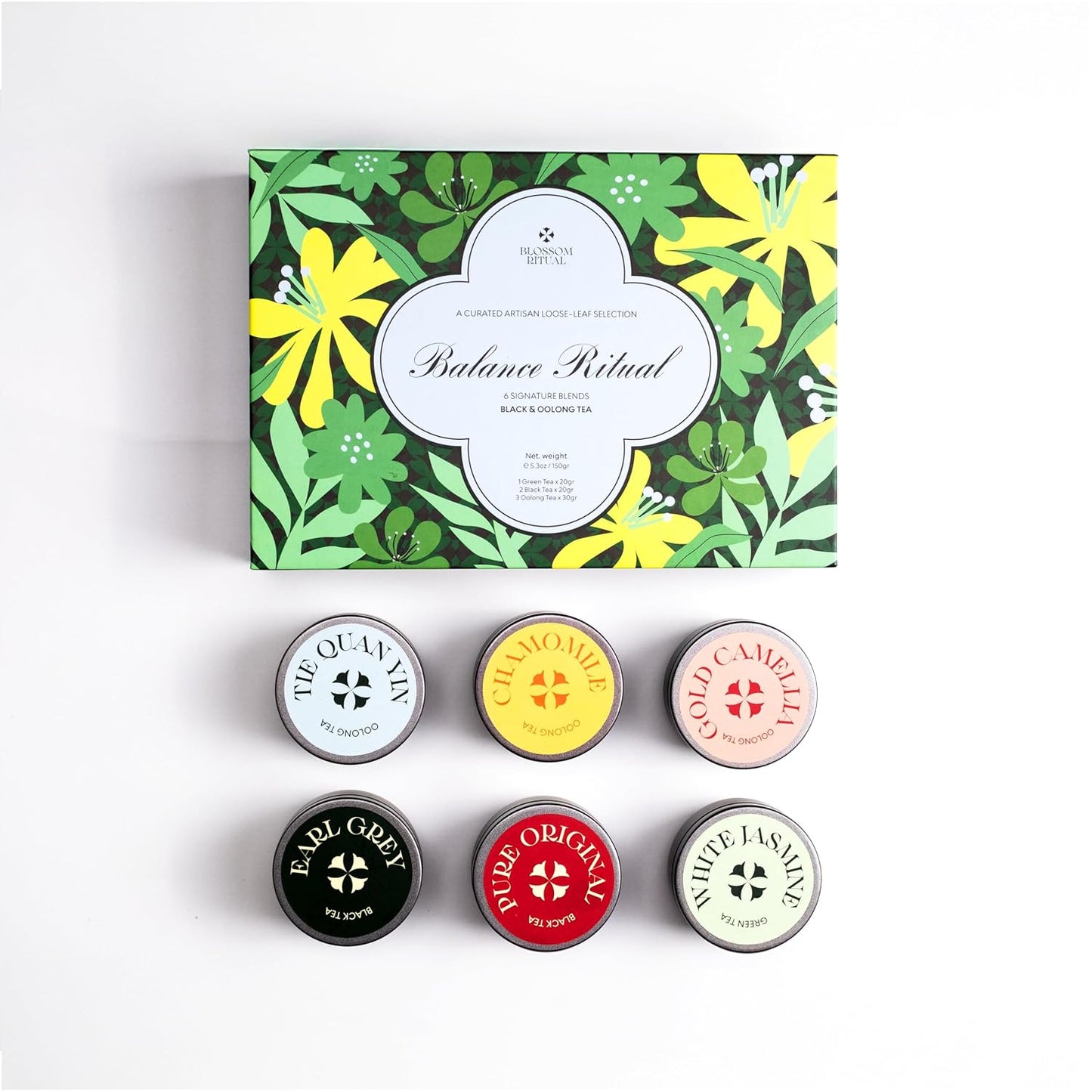 BLOSSOM RITUAL Balance Ritual Artisan Loose‑Leaf Tea Set – 6 Tin Gift Box – Oolong, Black &amp; Green Tea – Mindful Wellness Sampler – Natural Infusion – 5.3oz