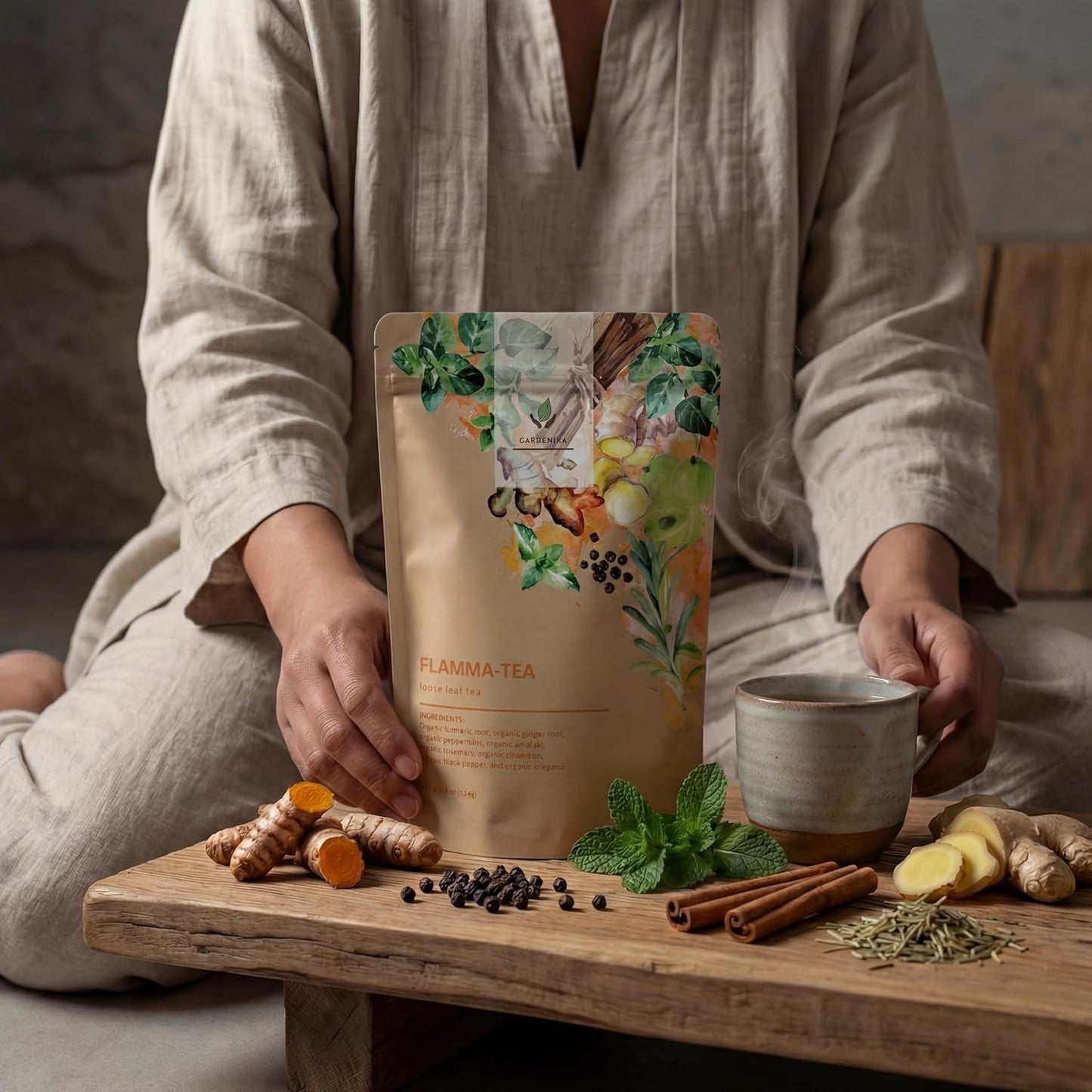 Gardenika Organic Flamma-tea Loose Leaf Tea | Premium Turmeric Ginger Blend with Cinnamon, Peppermint &amp; Black Pepper | 100% Natural, Caffeine Free Herbal Wellness Tea | 4oz (113g)