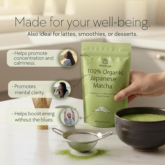 MushMatcha Organic Matcha Powder Grade 6A – Premium Ceremonial Green Tea Concentrate for Lattes, Smoothies & Baking, Pure Jade Leaf Blend, Unsweetened Formula with Smooth Taste, 100g Resealable Pouch