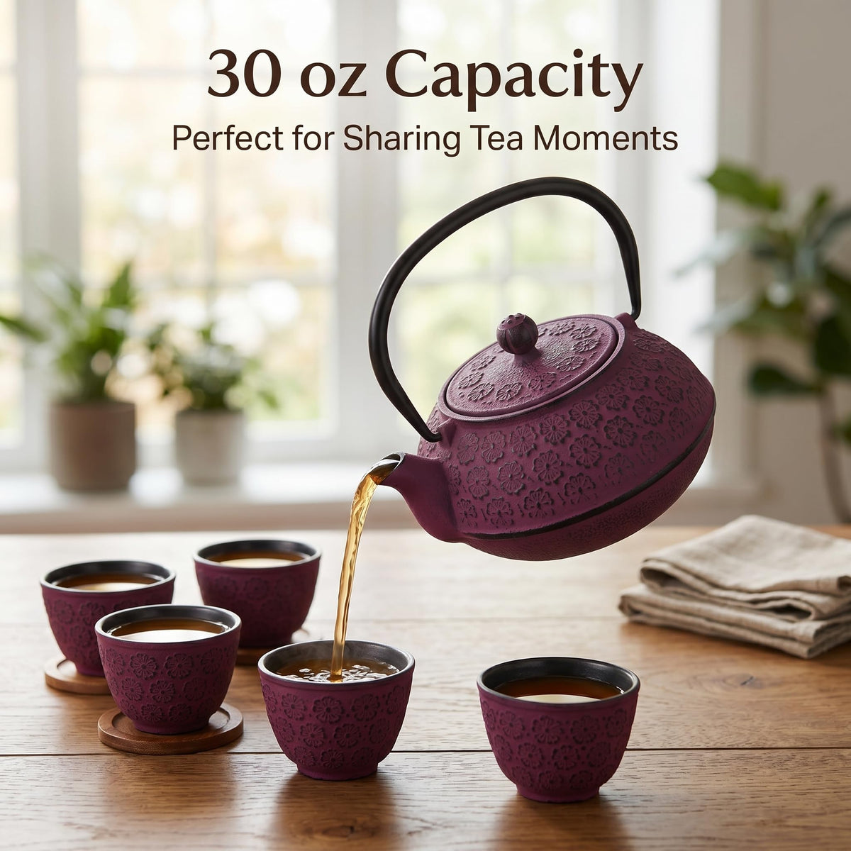 A Ting 30 oz Cast Iron Teapot Enamel Lining W/Metal Infuser Tea Kettle, Purple