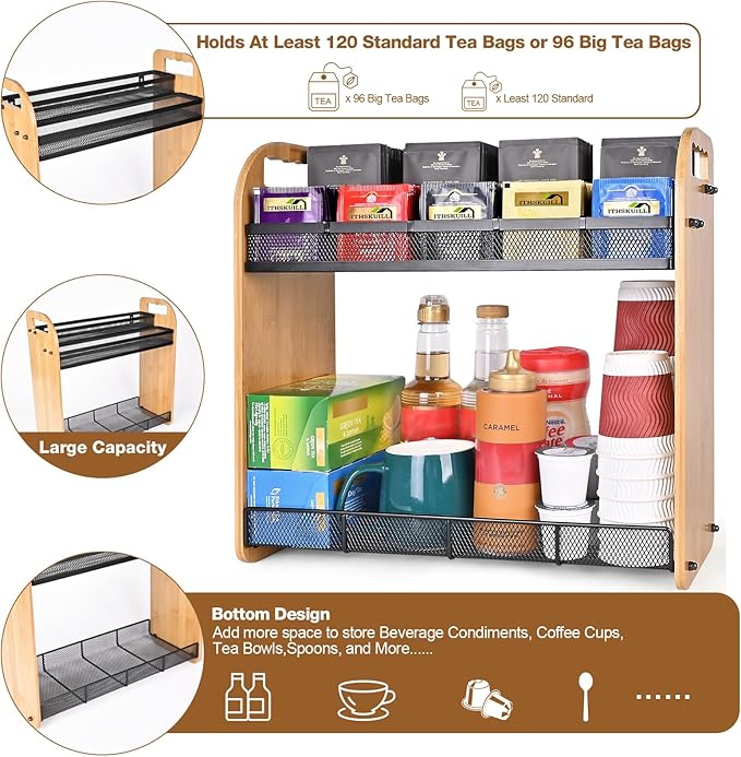 Tea Bag Organizer, Large Capacity Tea Organizer for Tea Bags, Bamboo Multi-functional Storage Coffee Bar Accessories for Home Office Kitchen Counter
