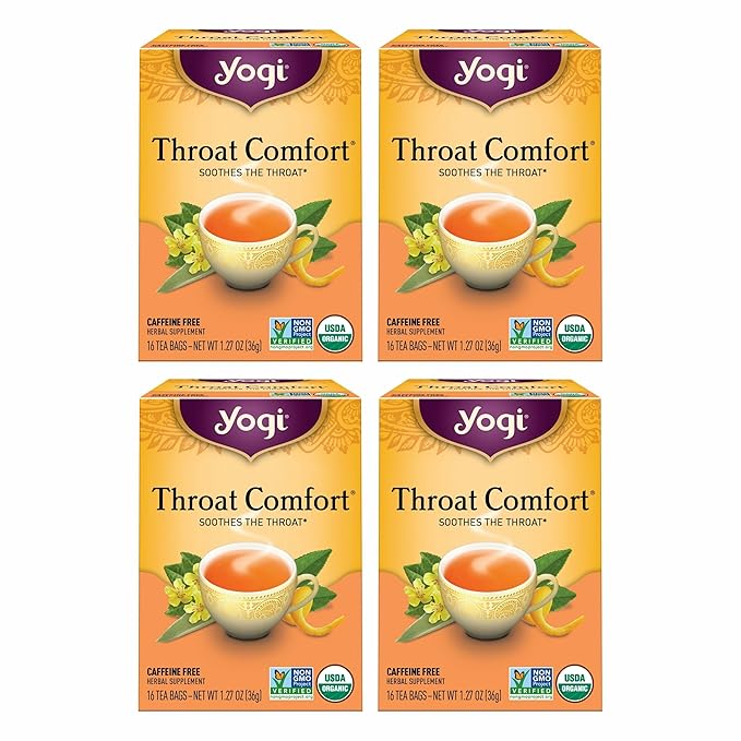Yogi Tea Throat Comfort - 16 Bags per Pack (4 Packs) - Herbal Tea for Throats - Organic Throat Soothing - Includes Licorice Root, Wild Cherry Bark