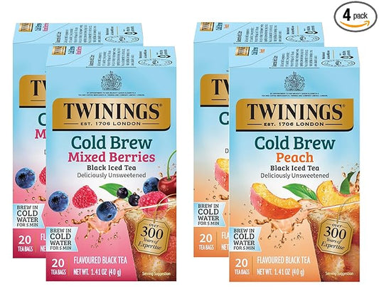 Twinings Cold Brew Variety Sampler Peach and Mixed Berries Black Iced Tea Bags, 20 Count (Pack of 4), Deliciously Unsweetened Flavoured Black Tea, Caffeinated, 80 Individually Wrapped Tea Bags