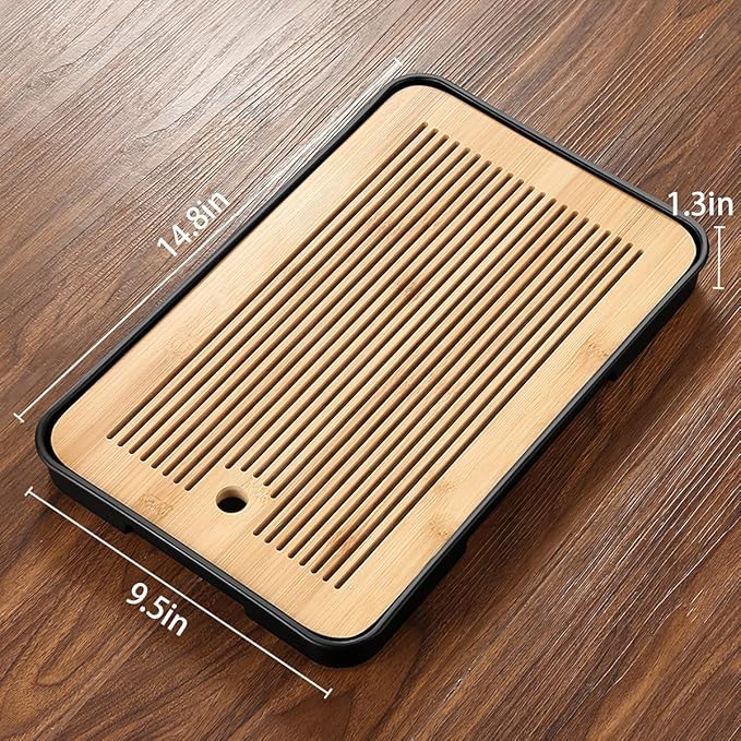 14 Inch Bamboo Chinese Gongfu Tea Tray with Water Storage Drainage, Chinese Gongfu Tea Tray Table Box for Kungfu Tea Set