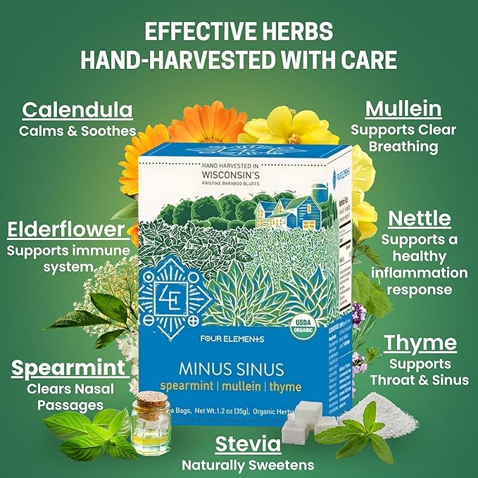Four Elements Minus Sinus Tea [16 Teabags, 1.2 oz], Organic Spearmint Tea with Mullein & Thyme