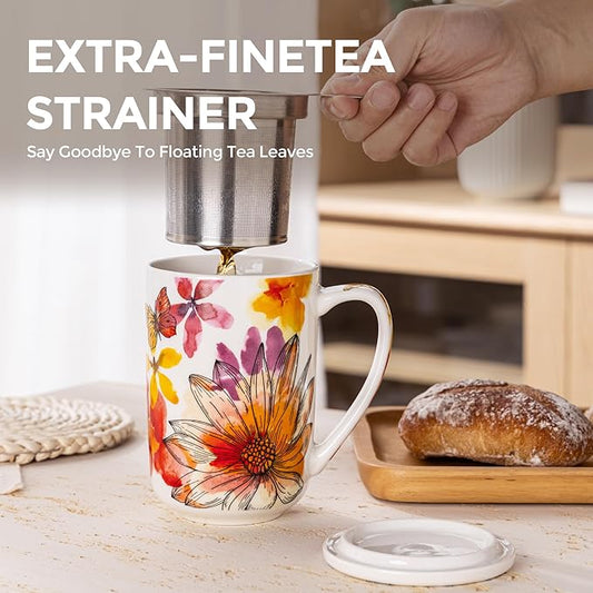 Gbhome Tea Mug with Infuser and Lid, 18 Ounce Large Ceramic Loose Leaf Cup, Microwave, Dishwasher Safe, Perfect For Tea Lovers