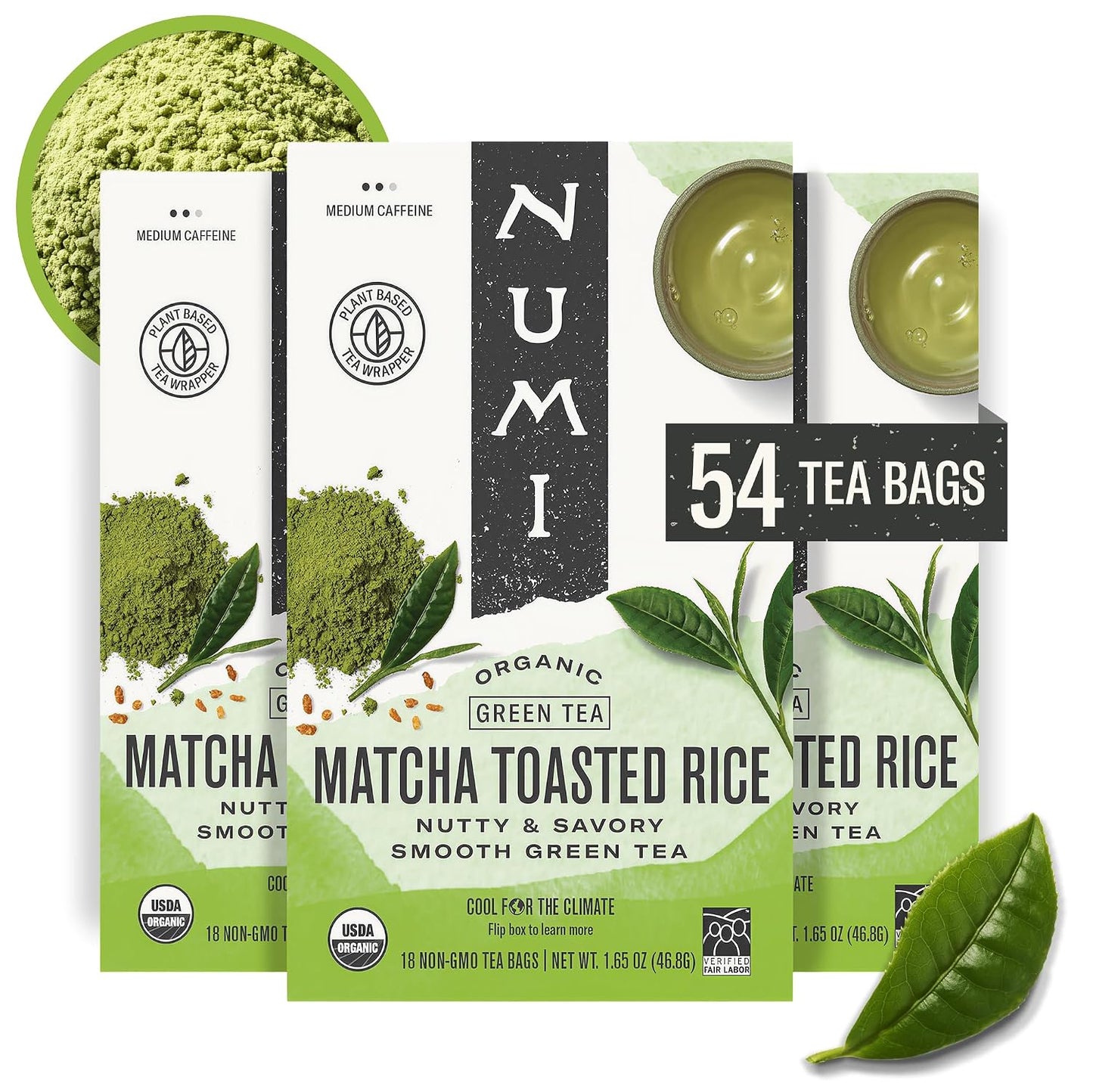 Numi Organic Matcha Toasted Rice Tea, 54 Matcha Tea Bags, Flavorful Green Tea, Microplastic Free Tea Bags