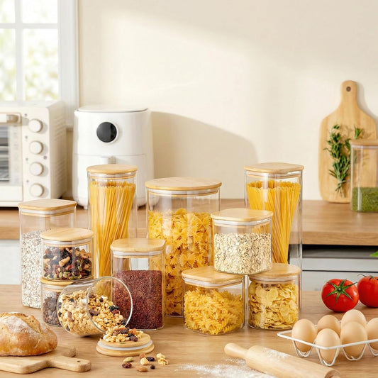 Square Glass Storage Containers with Bamboo Lids for Pasta &amp; Flour, 5 Pack | 80oz/42oz/27oz Airtight Storage Jars for Pantry &amp; Kitchen, Durable Borosilicate Glass Canisters Keep Food Dry &amp; Fresh