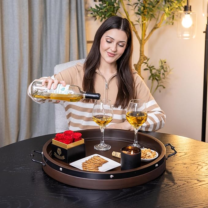 20" Extra Large Round Ottoman Tray, Heavy Duty Mango Wood, for Serving Tea, Breakfast in Bed