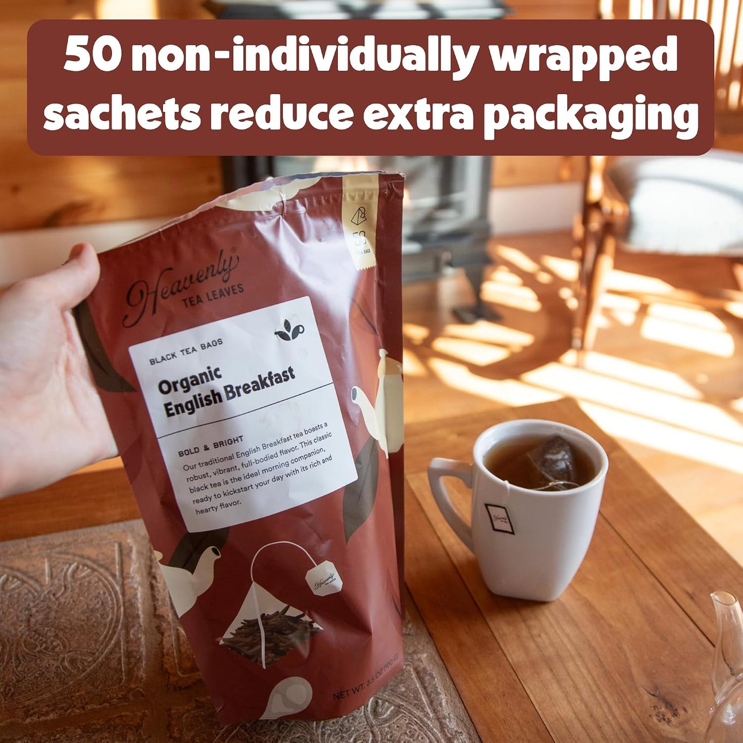 Heavenly Tea Leaves Organic Peppermint Herbal Tea, 50 Plastic-Free Bags | Naturally Caffeine-Free, Cool &amp; Refreshing, Great Hot or Iced, Plastic-Free Pyramid Bags, 50 Count