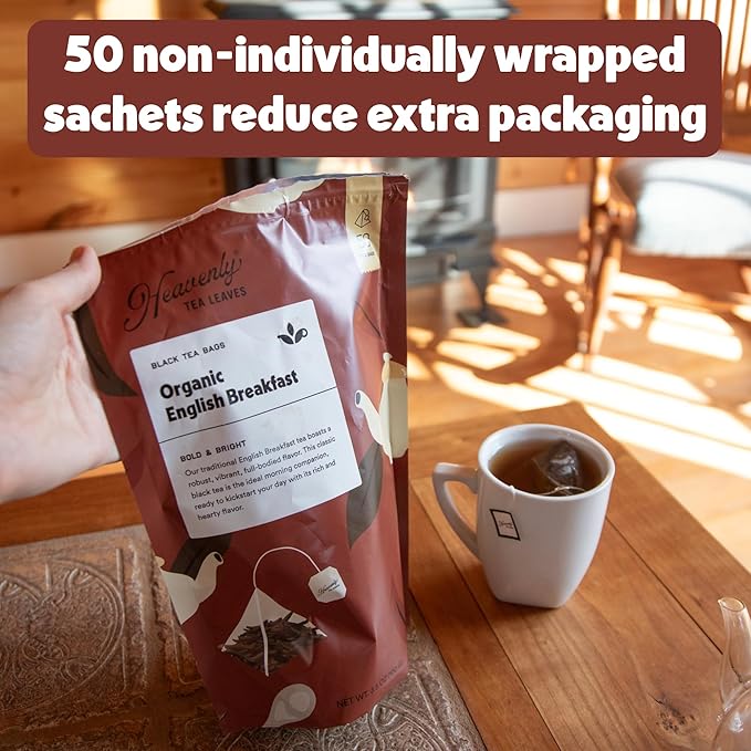 Heavenly Tea Leaves Organic Lemon Ginger (50 Pyramid Tea Bags), 100% Plastic Free, Bulk Compostable Herbal Tea Sachet - Premium Quality, Whole Tea Leaves in a Convenient Tea Bag