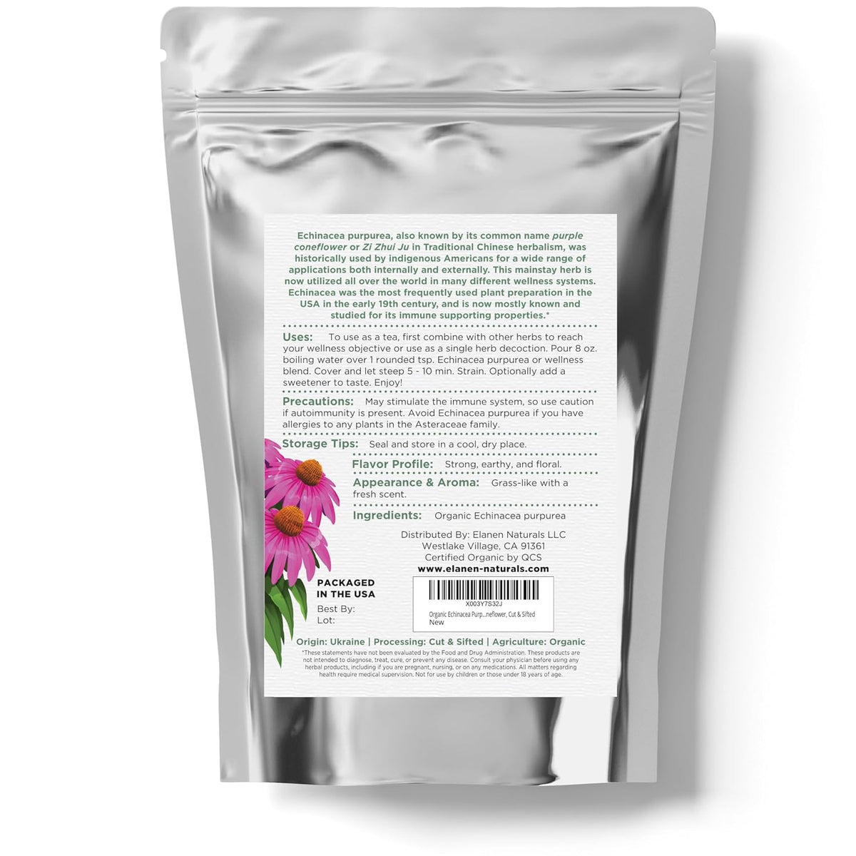 Organic Echinacea Purpurea 4 oz. (113g), USDA Certified Dried Echinacea Tea, Premium Quality Herb, Purple Coneflower, Cut &amp; Sifted