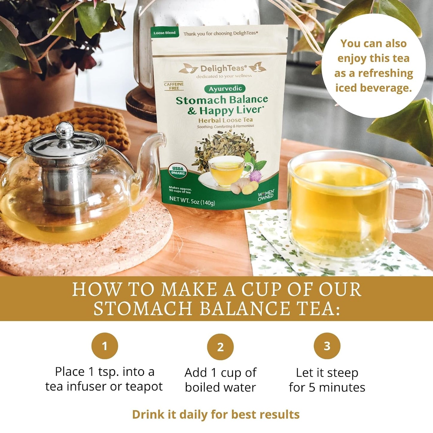 DelighTeas Stomach &amp; Liver Tea | Ayurvedic Herbal Blend for Digestion | Organic Milk Thistle, Fennel, Ginger, Peppermint &amp; Licorice | Vegan, Caffeine-Free, Sugar-Free | Loose Leaf, 50 Servings, 5oz