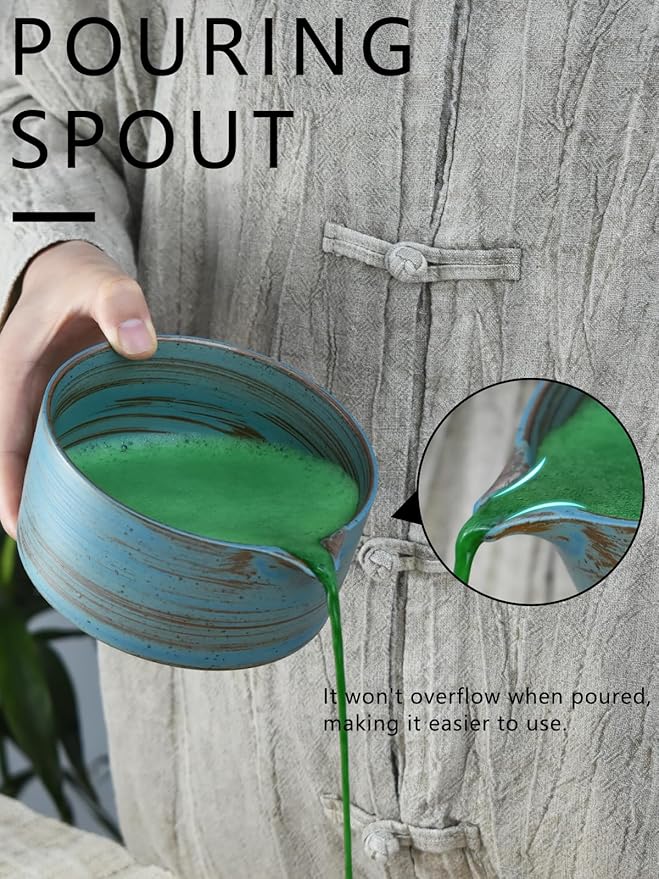 Artcome Japanese Matcha Bowl Set with Pouring Spout, Ceramic Matcha Whisk Holder, Bamboo Tea Scoop, Matcha Whisk, and Tea Manual - Traditional Chawan Set for Matcha Lovers