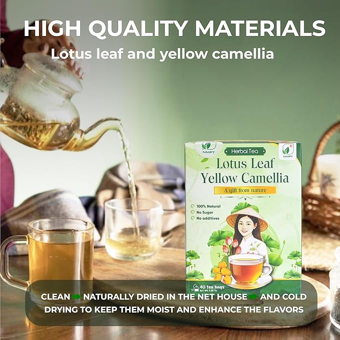 Nmpt Dried Lotus Leaf Yellow Camellia Tea, Handpicked, Organic Herbal Tea, 40 Sachets, Cold-Dried, Gluten-Free, No Added Sugar, Mild Sweet Flavor