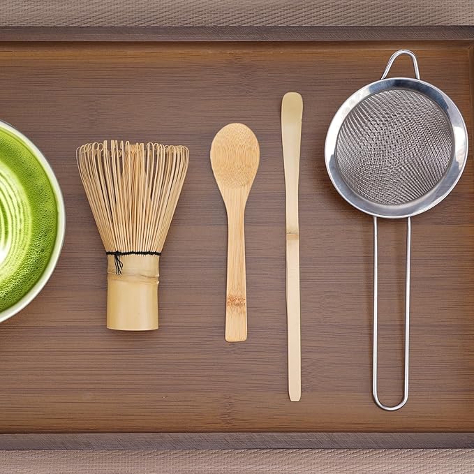 Bamboo Matcha Whisk Set 4pcs, Include Macha Bamboo Whisk (Chasen), Traditional Scoop Chashaku, Tea Spoon, Sifter, Traditional Japanese Tea Tools, Basic Matcha Tea Making Kit for Matcha Lovers