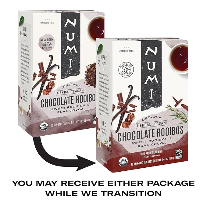 Numi Organic Chocolate Rooibos Tea, 16 Tea Bags (Pack of 3), Red Tea with Cocoa, Honeybush & Vanilla (Packaging May Vary)