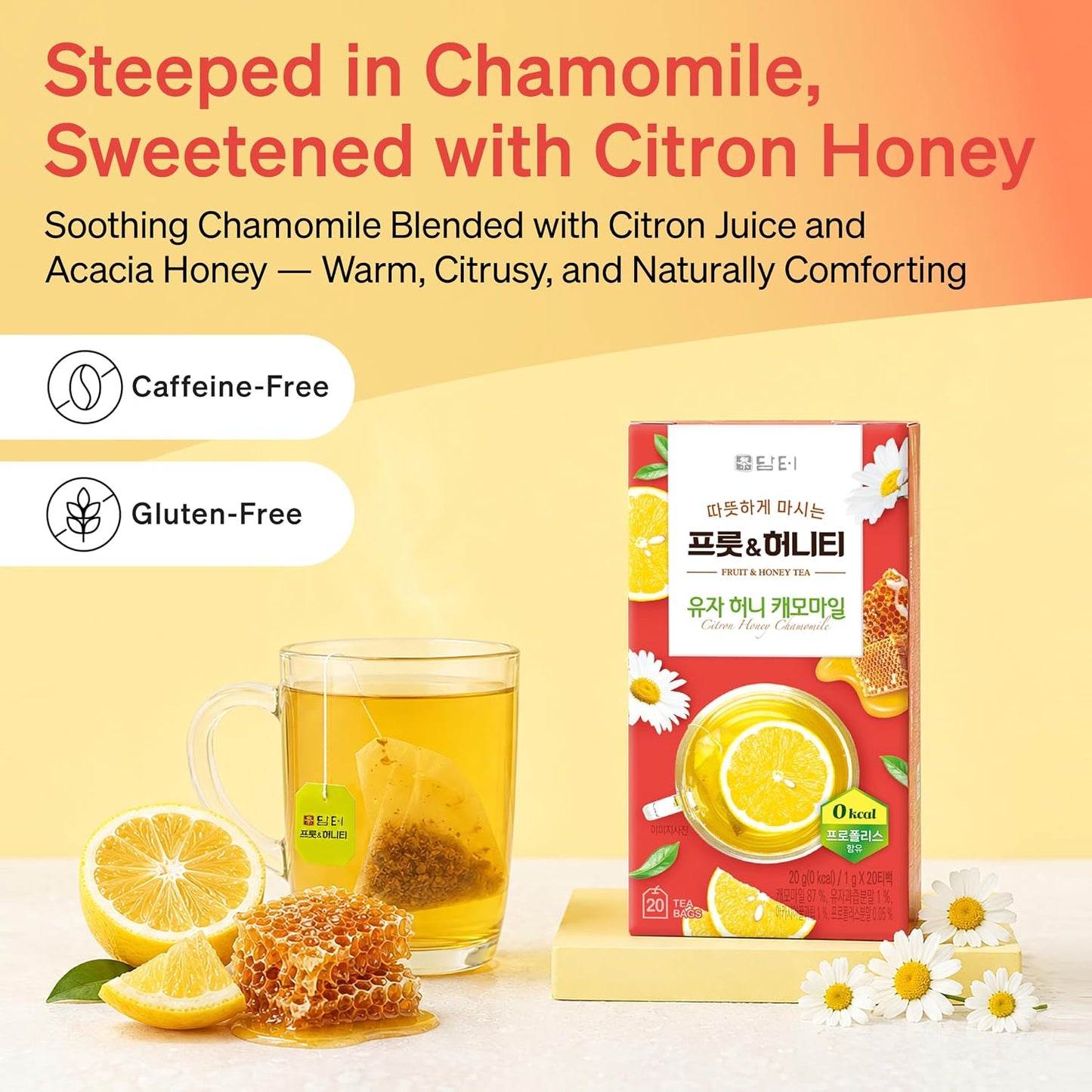 Damtuh Korean Yuzu Honey Chamomile Tea Bags, Caffeine-Free, 20 Count | Bright yuja citrus with floral chamomile; sugar-free, 0 calories; 1 g tea bags, individually wrapped