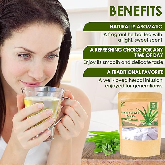 Nhat ANH Farm - Premium Pandan Leaves Tea Bags, 40 Pandan Leaves Tea Bags, 100% Natural Dried Pandan Leaves, Naturally Sweet Herbal Tea, Sugar-Free