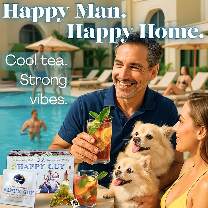 Dr. Lu’s Happy Tea for Guy | 100% Natural Energy Tea for Men | Supports Prostate, Vitality & Fertility | 11-Herb Blend with Maca, Corn Silk & Hibiscus in Corn Fiber Tea Bags Made in USA