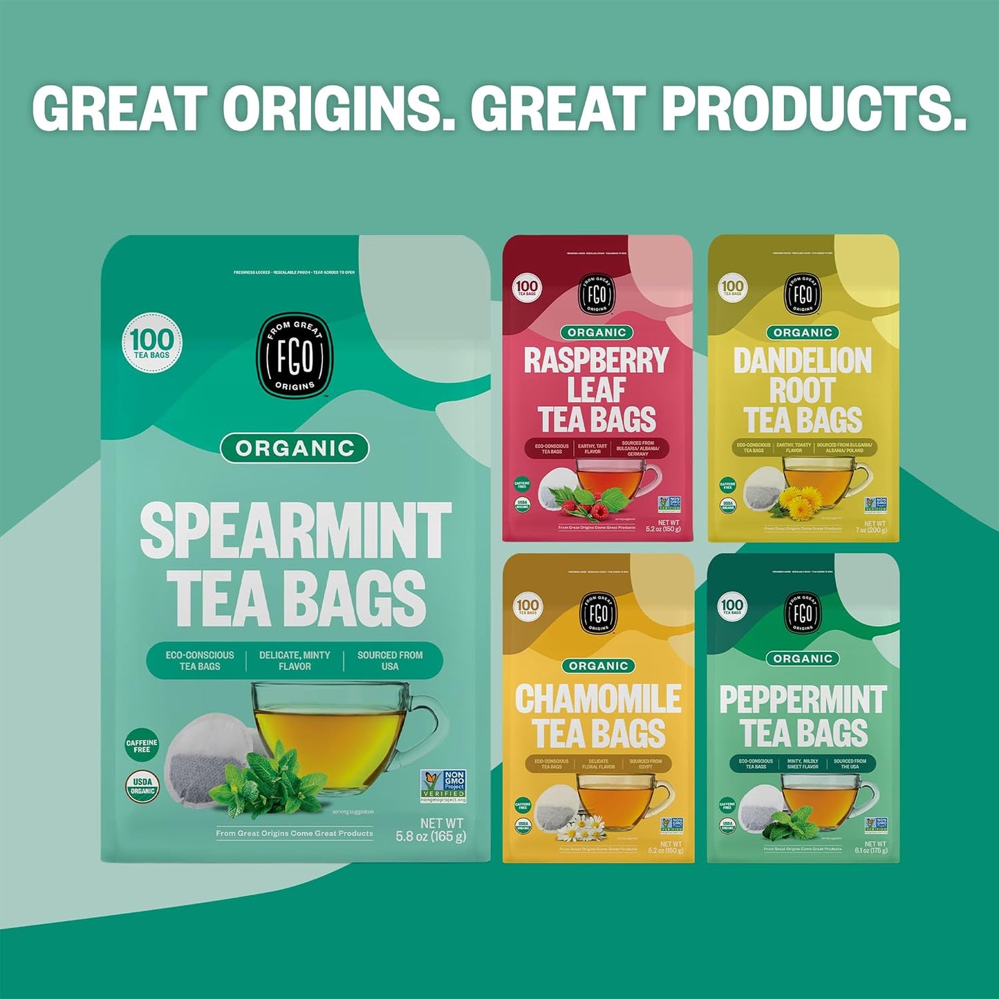 FGO Organic Spearmint Leaf Tea, 100 Count, Eco-Conscious Tea Bags, Caffeine Free, Resealable Bag, Packaging May Vary (Pack of 1)