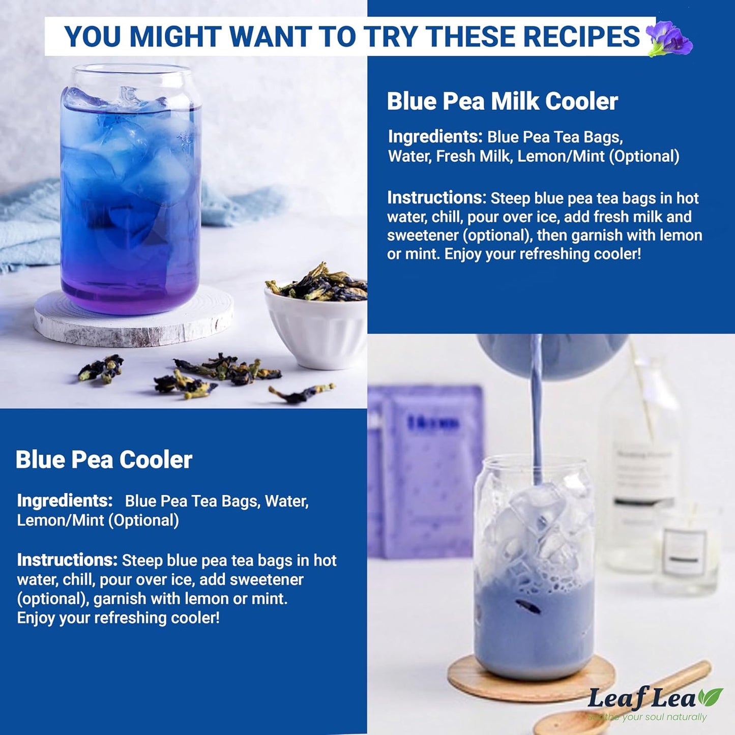LeafLea Butterfly Pea Tea Bags, 100% Butterfly Pea Flowers, 80 Count