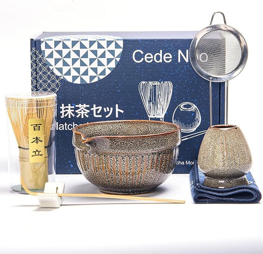 Matcha Whisk Set – Ceramic Matcha Bowl with Spout, Bamboo Whisk, Scoop, Ceramic Holders, Stainless Sifter, Towel