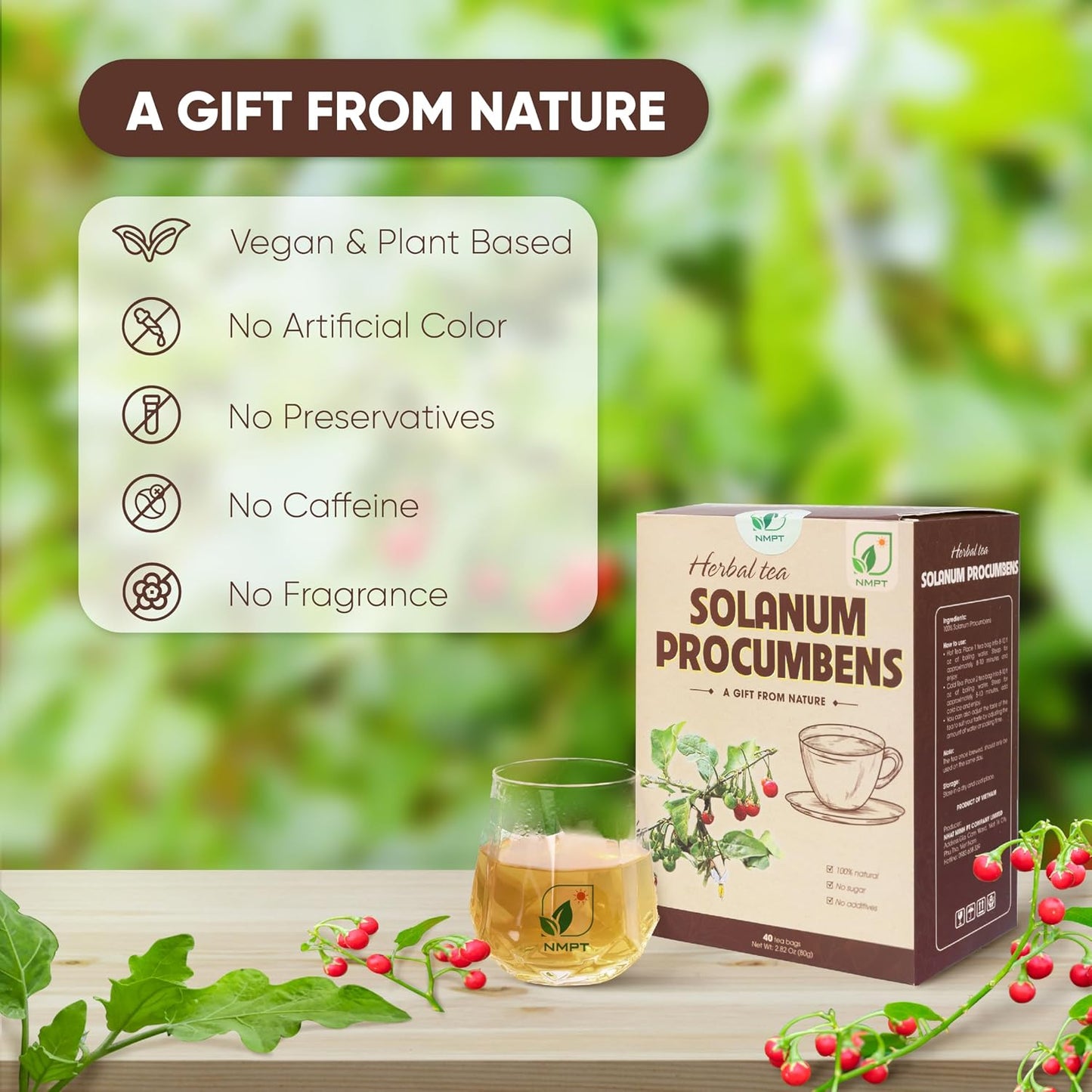 NMPT 100% Solanum Procumbens Leaf Tea, Hand Pick, Cà Gai Leo Organic Herbal Tea, 40 Count, Freeze Drying, Gluten Free, Dairy Free, No Sugar Added, Energy Boost &amp; Health Support, 0.07 Oz Each